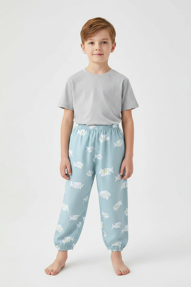 Pantalon Fluide Enfant Coton Bleu Poissons Ample