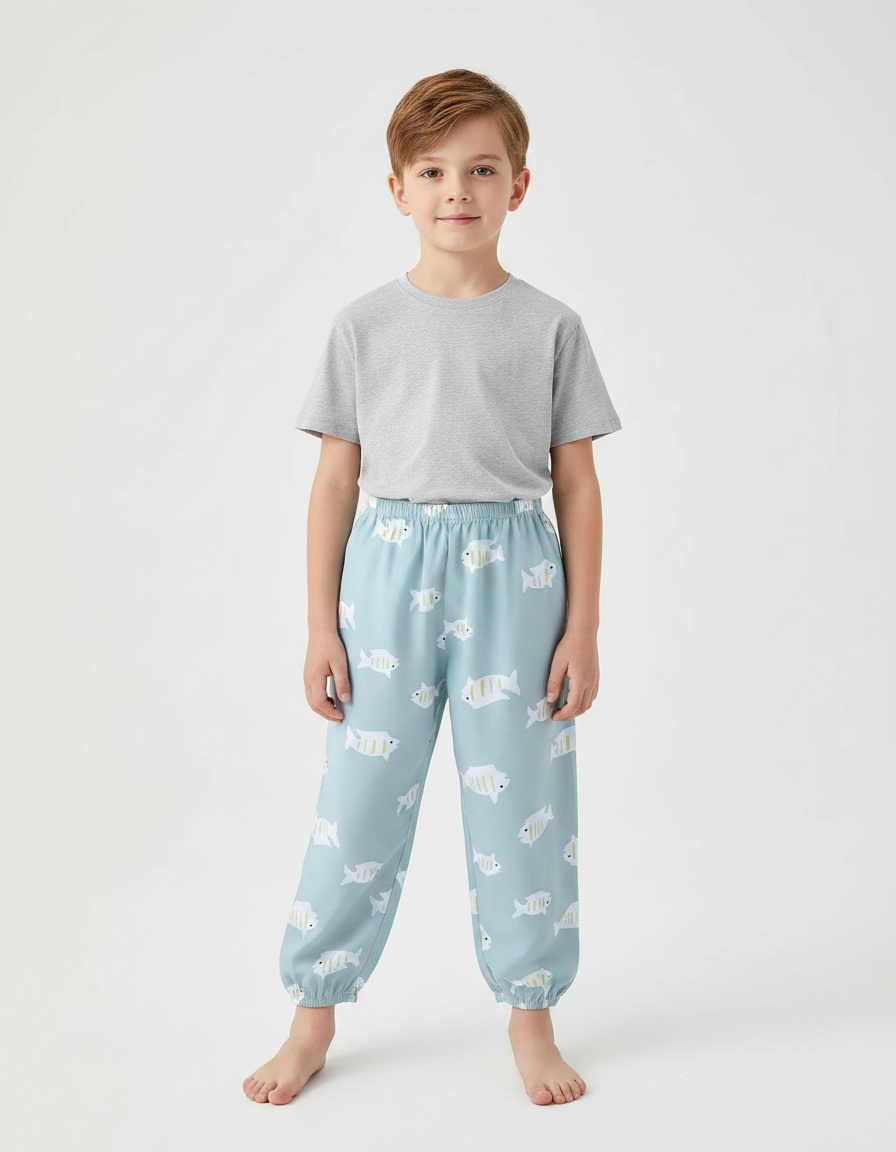 Pantalon Fluide Enfant Coton Bleu Poissons Ample