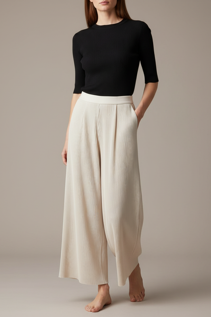 Pantalon Fluide Plissé Écru Ample Élégant Femme - Beige Polyester