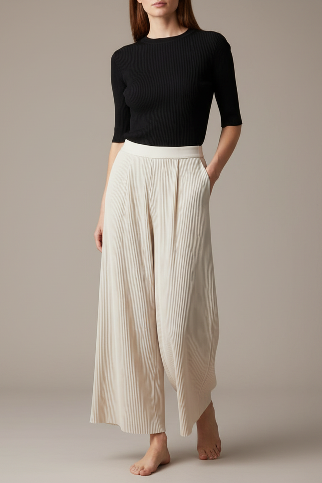 Pantalon Fluide Plissé Écru Ample Élégant Femme - Beige Polyester