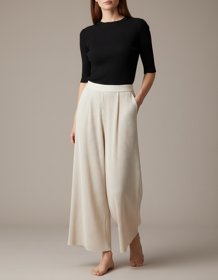 Pantalon Fluide Plissé Écru Ample Élégant Femme - Beige Polyester