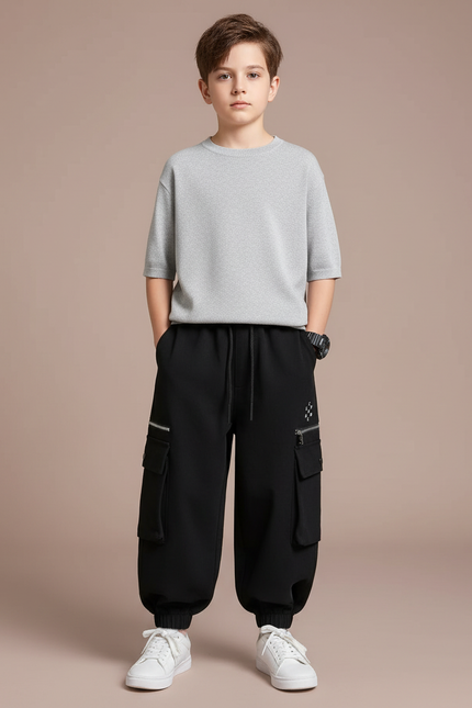 Pantalon Fluide Noir Cargo Ample Sport Enfant - Molleton