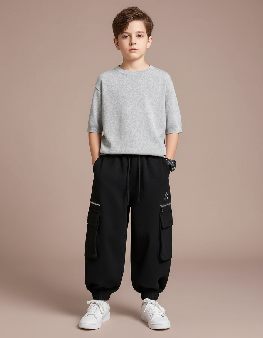 Pantalon Fluide Noir Cargo Ample Sport Enfant - Molleton
