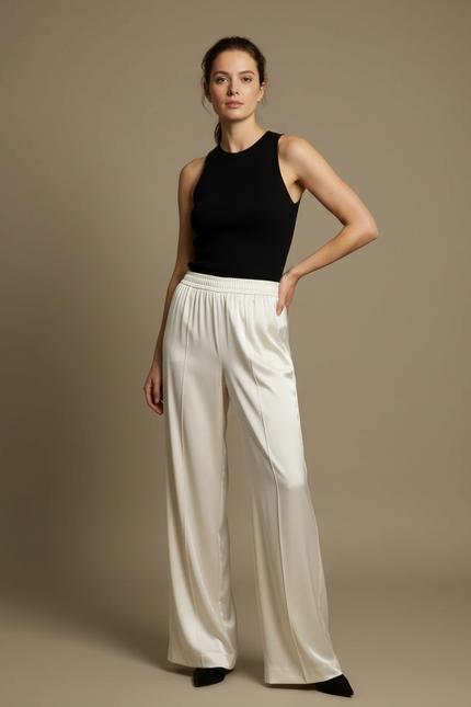 Pantalon Fluide Blanc Cassé Satiné Ample Élégant Décontracté