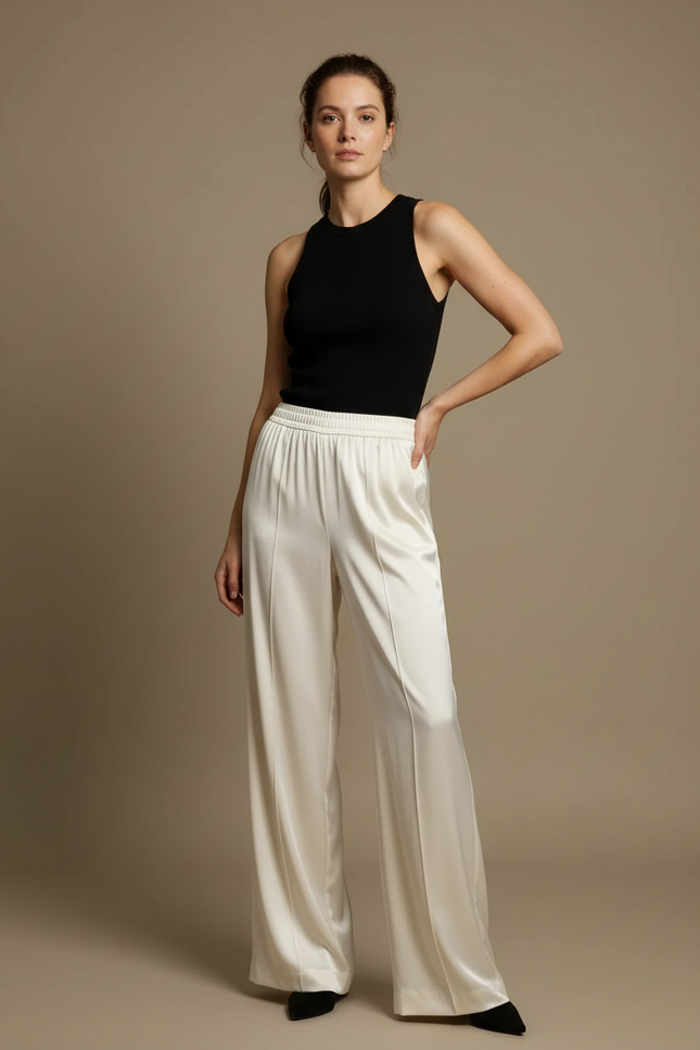 Pantalon Fluide Blanc Cassé Satiné Ample Élégant Décontracté