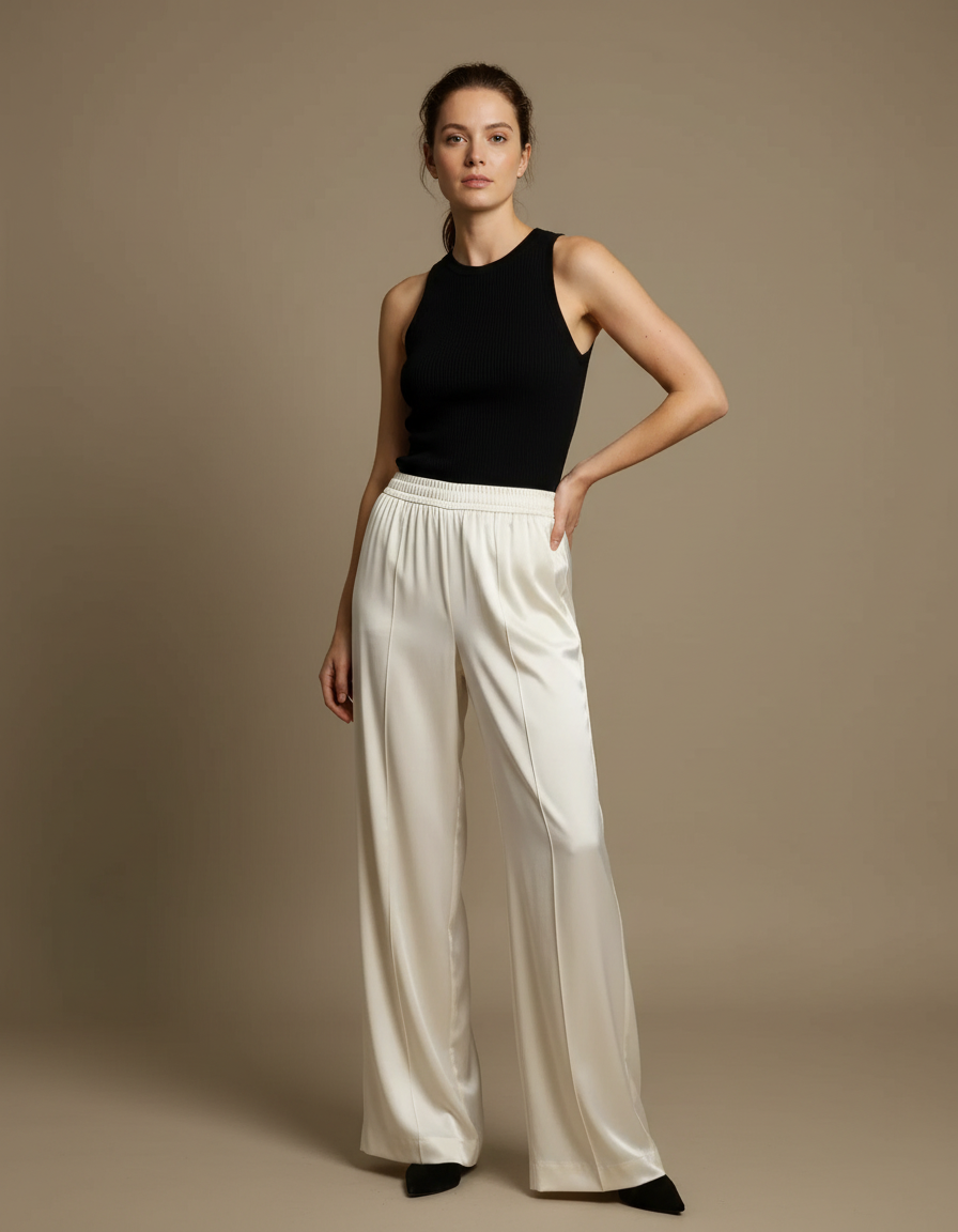 Pantalon Fluide Blanc Cassé Satiné Ample Élégant Décontracté