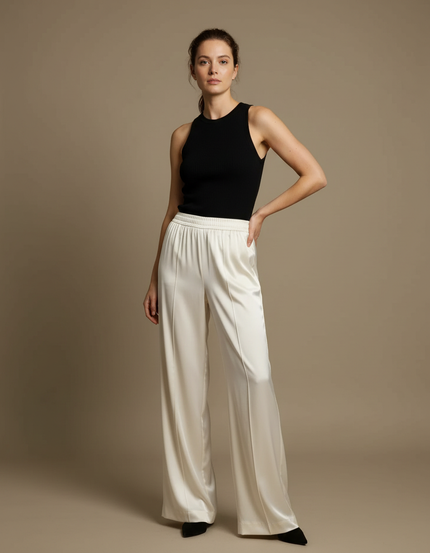 Pantalon Fluide Blanc Cassé Satiné Ample Élégant Décontracté