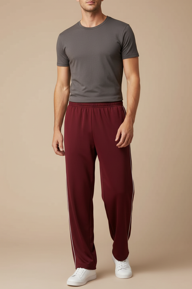 Pantalon Fluide Homme Sport Bordeaux Rayé Décontracté - Polyester
