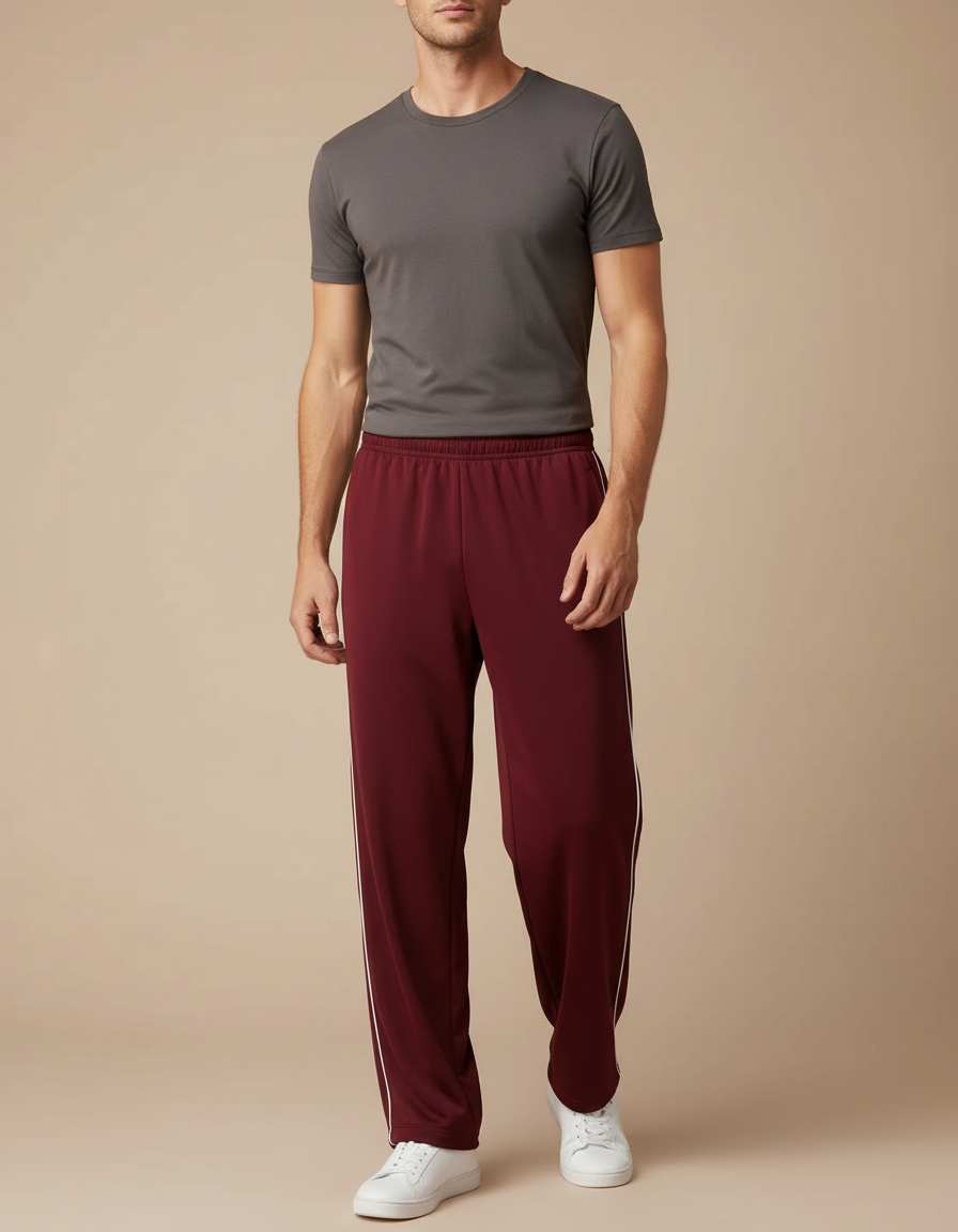 Pantalon Fluide Homme Sport Bordeaux Rayé Décontracté - Polyester