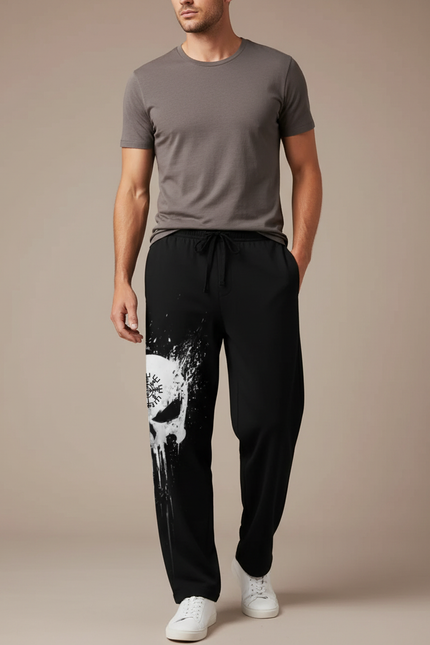 Pantalon Fluide Noir Crâne Viking Ample Décontracté Homme - Molleton