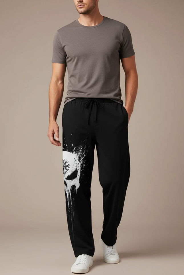 Pantalon Fluide Noir Crâne Viking Ample Décontracté Homme - Molleton