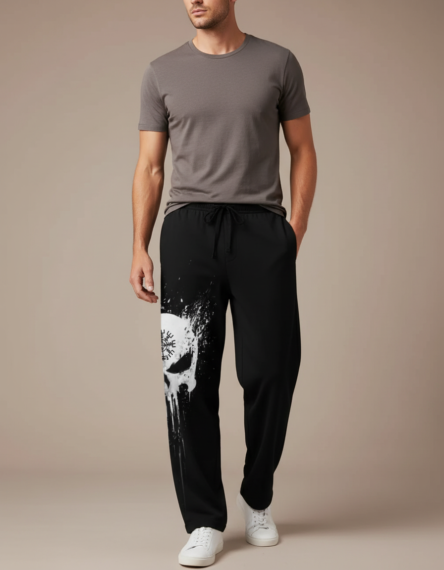 Pantalon Fluide Noir Crâne Viking Ample Décontracté Homme - Molleton