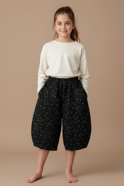 Pantalon Fluide Noir Fleuri Ample Décontracté Fille - Lin
