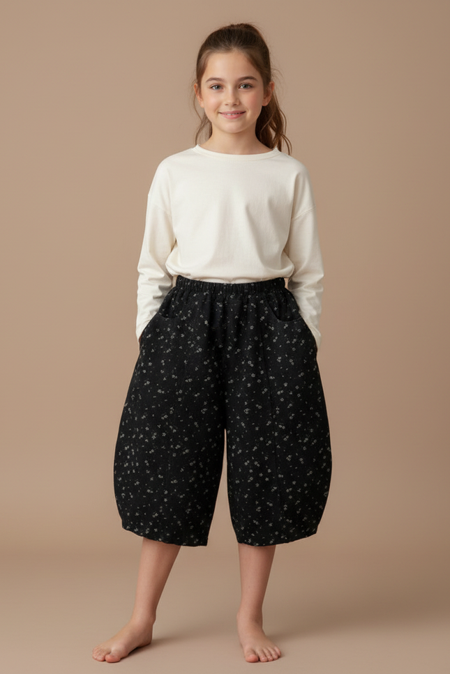 Pantalon Fluide Noir Fleuri Ample Décontracté Fille - Lin