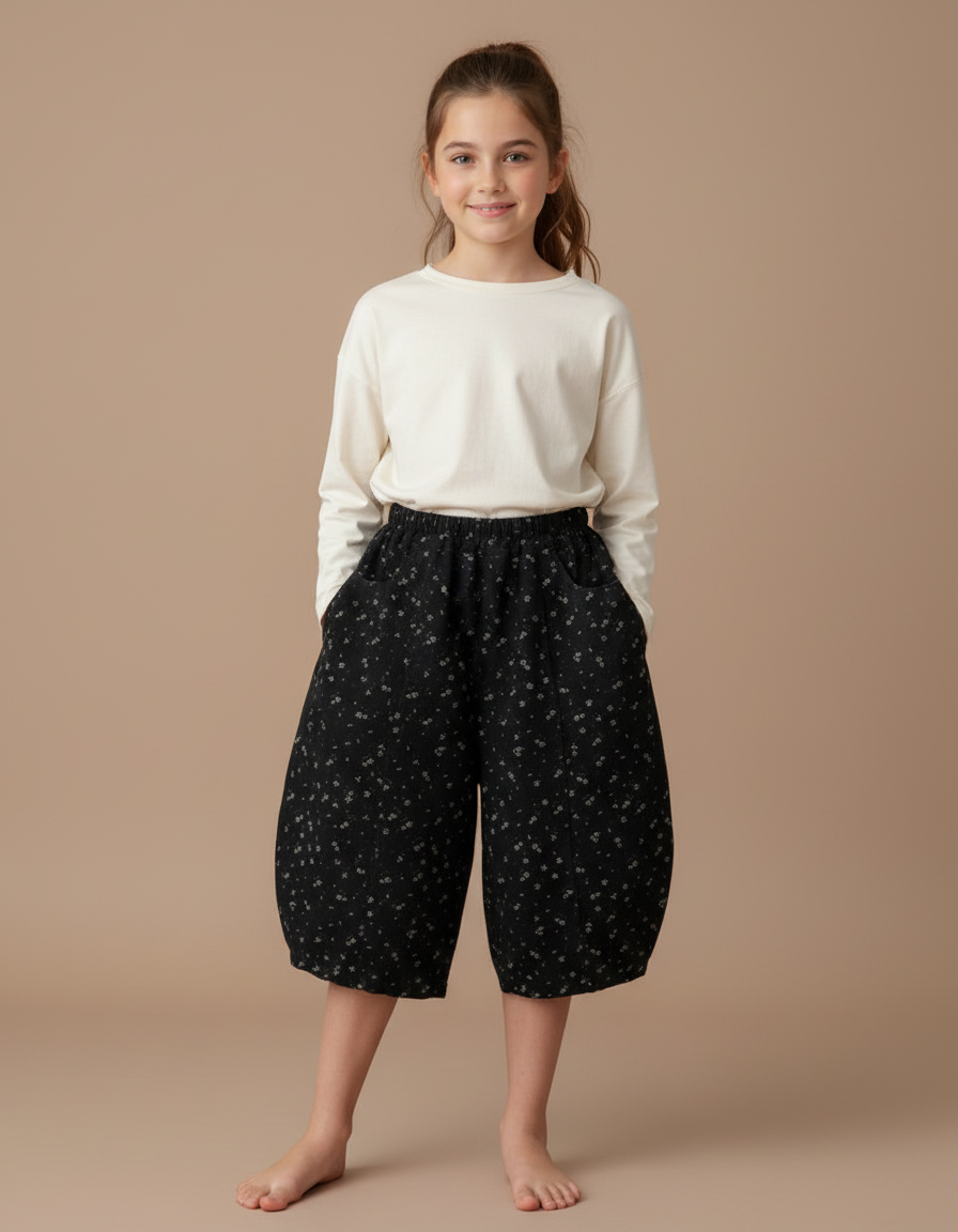 Pantalon Fluide Noir Fleuri Ample Décontracté Fille - Lin
