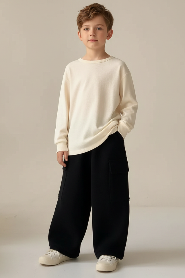Pantalon Fluide Noir Ample Cargo Enfant - Molleton