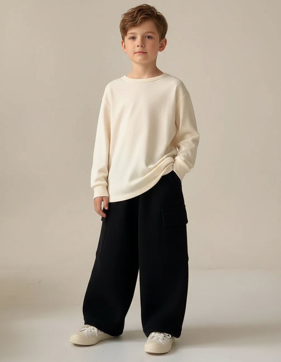 Pantalon Fluide Noir Ample Cargo Enfant - Molleton