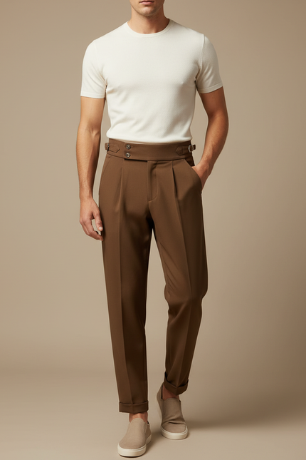 Pantalon Fluide Marron Plissé Élégant Homme - Polyester