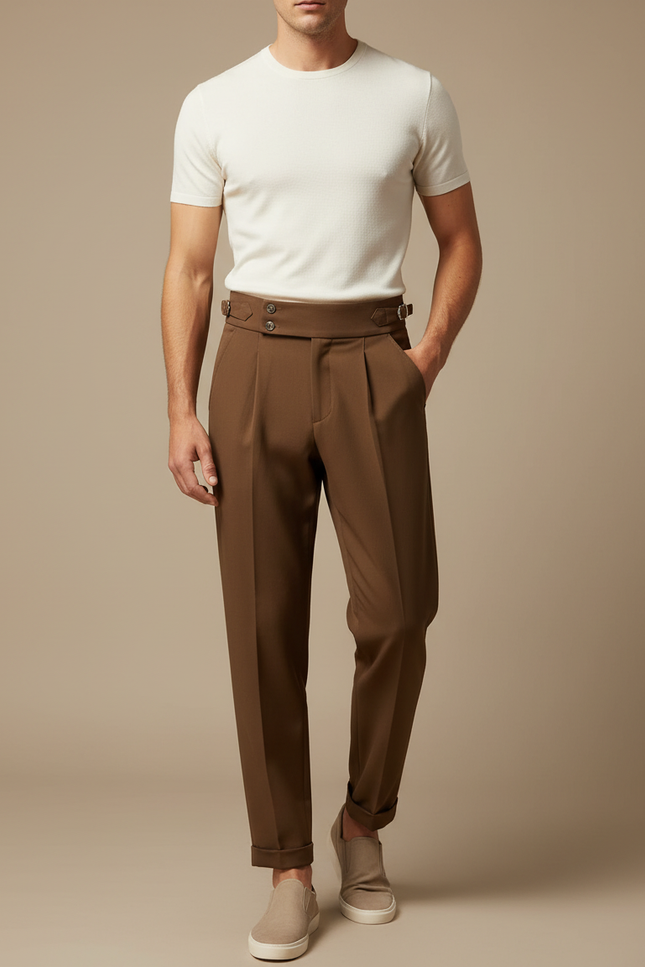 Pantalon Fluide Marron Plissé Élégant Homme - Polyester