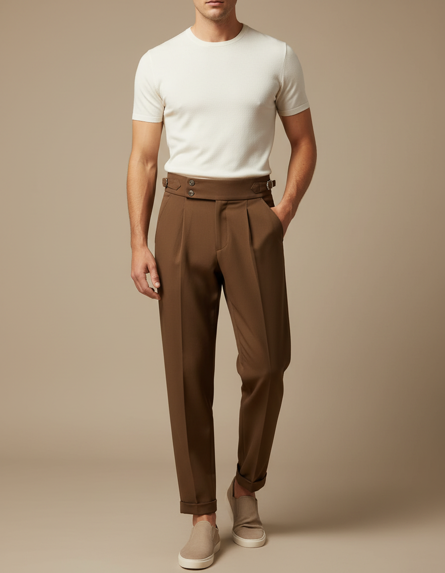 Pantalon Fluide Marron Plissé Élégant Homme - Polyester