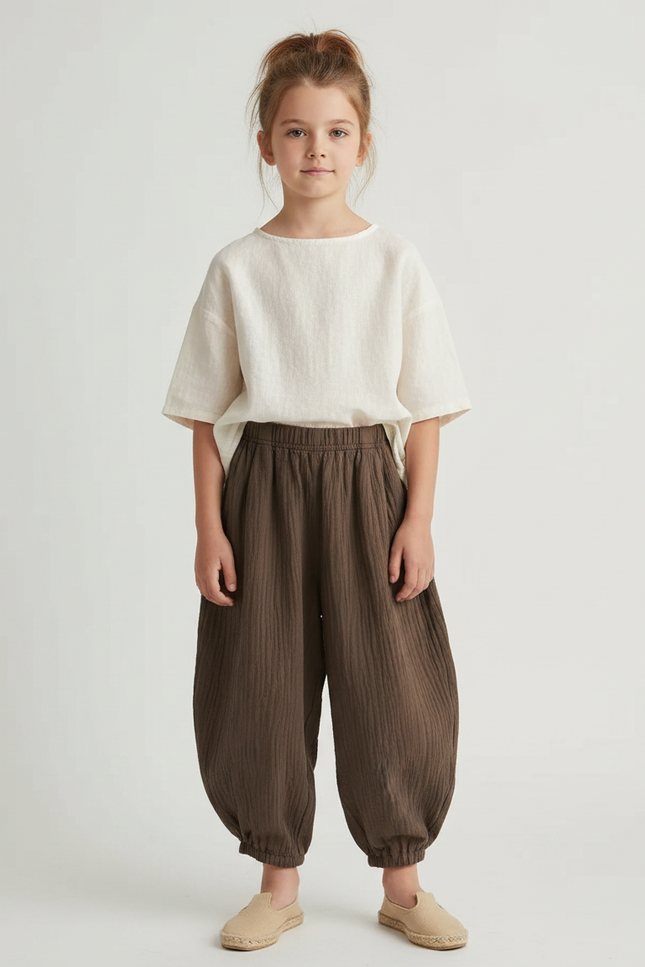 Pantalon Fluide Marron Coton Confortable Ample Enfant
