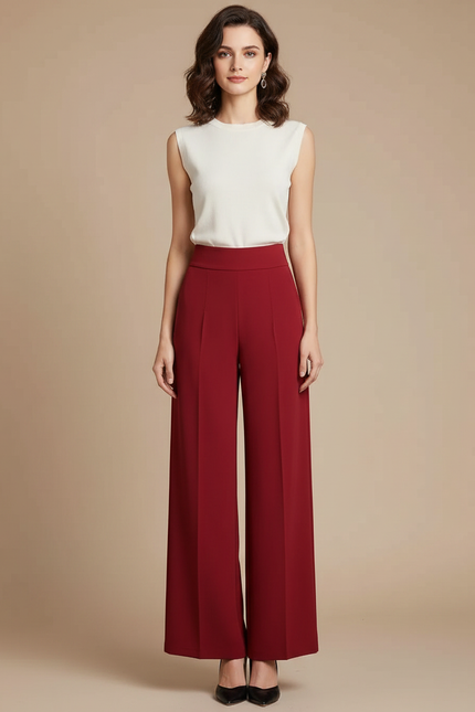 Pantalon Fluide Rouge Ample Taille Haute Élégant Femme - Bordeaux Polyester