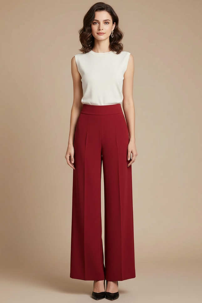 Pantalon Fluide Rouge Ample Taille Haute Élégant Femme - Bordeaux Polyester