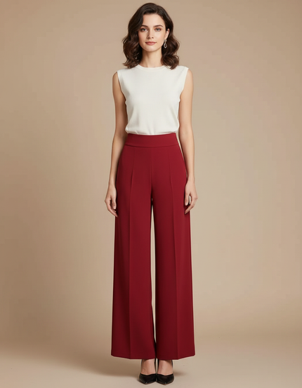 Pantalon Fluide Rouge Ample Taille Haute Élégant Femme - Bordeaux Polyester