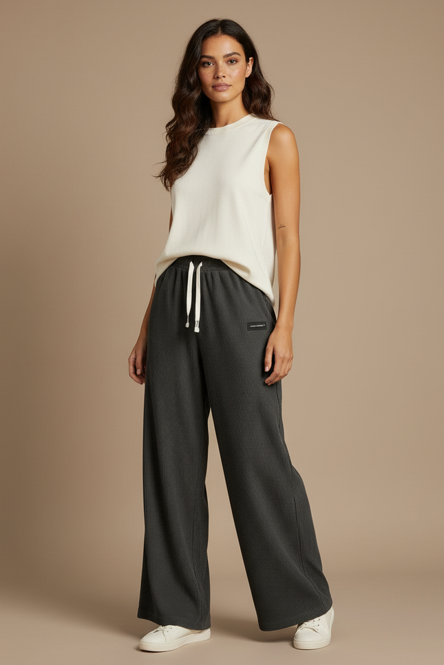 Pantalon Fluide Gris Côtelé Ample Décontracté Cordon - Cordé