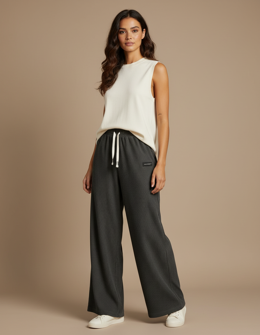 Pantalon Fluide Gris Côtelé Ample Décontracté Cordon - Cordé