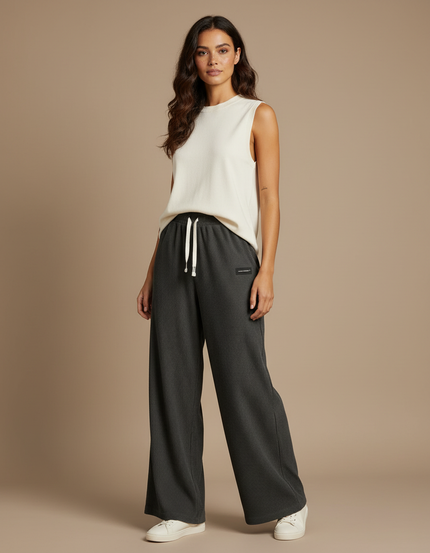 Pantalon Fluide Gris Côtelé Ample Décontracté Cordon - Cordé