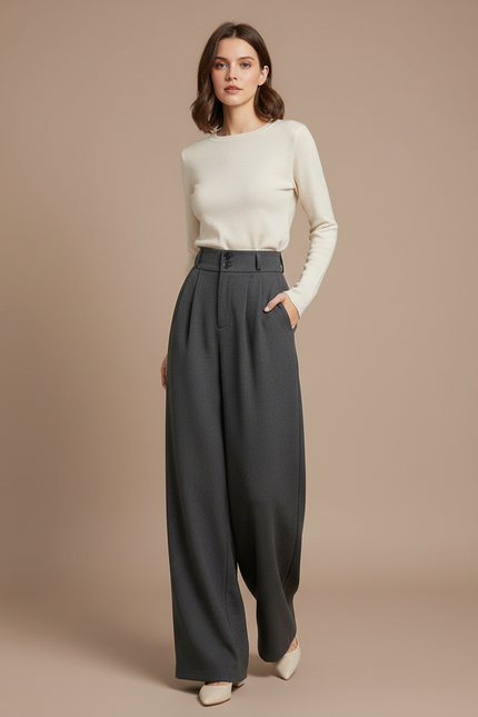 Pantalon Fluide Gris Ample Taille Haute Laine Femme