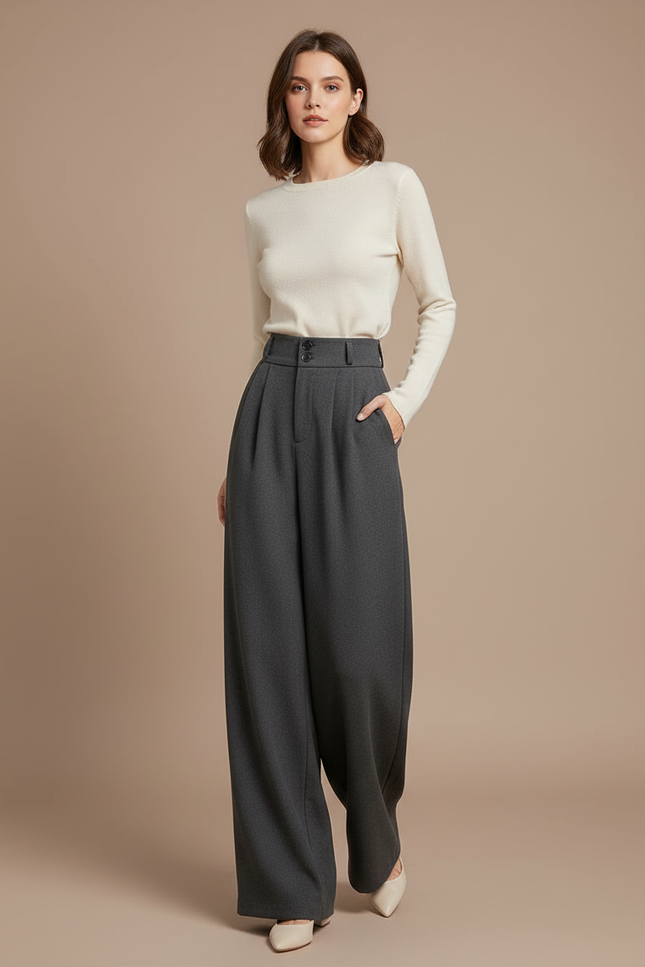 Pantalon Fluide Gris Ample Taille Haute Laine Femme
