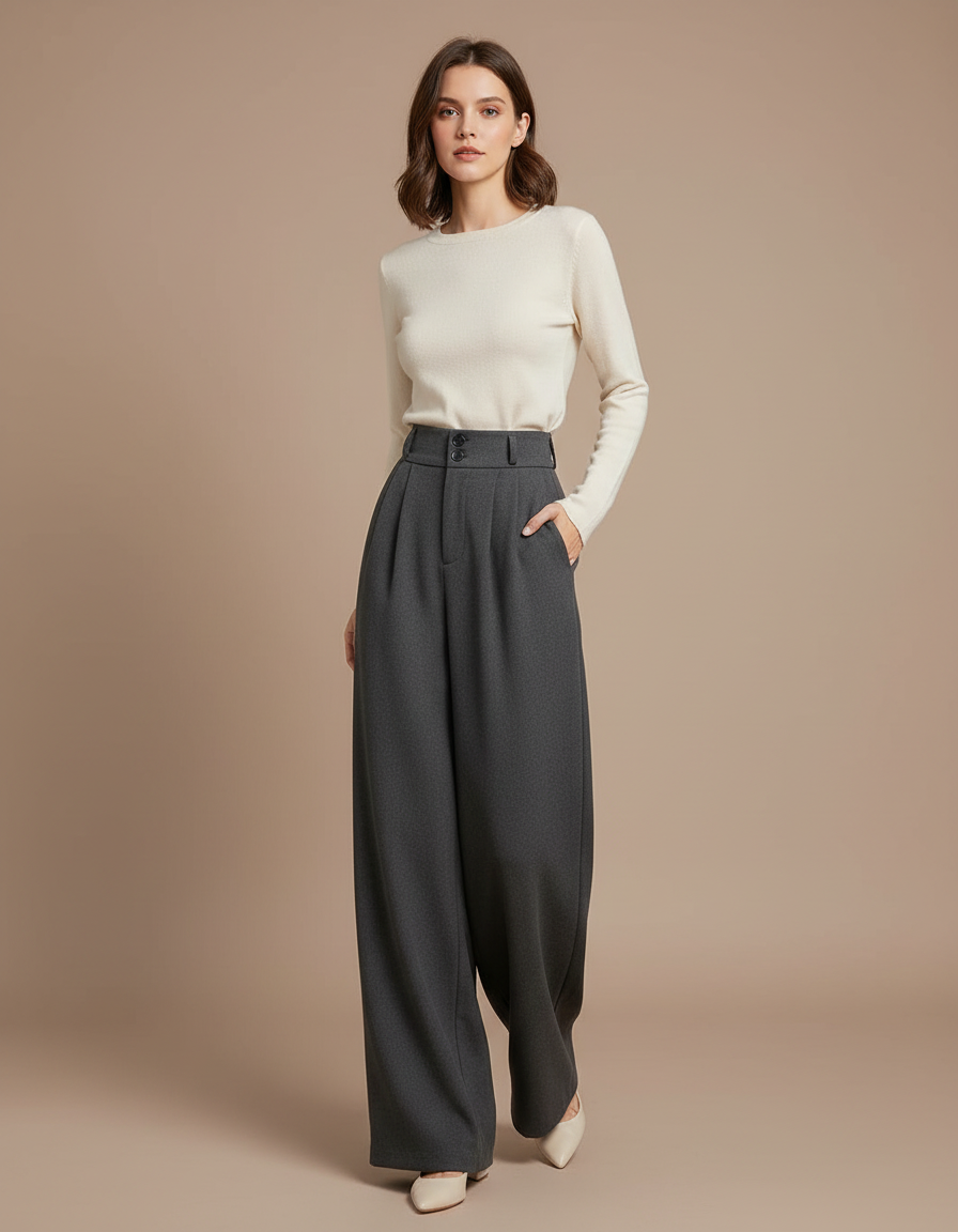 Pantalon Fluide Gris Ample Taille Haute Laine Femme
