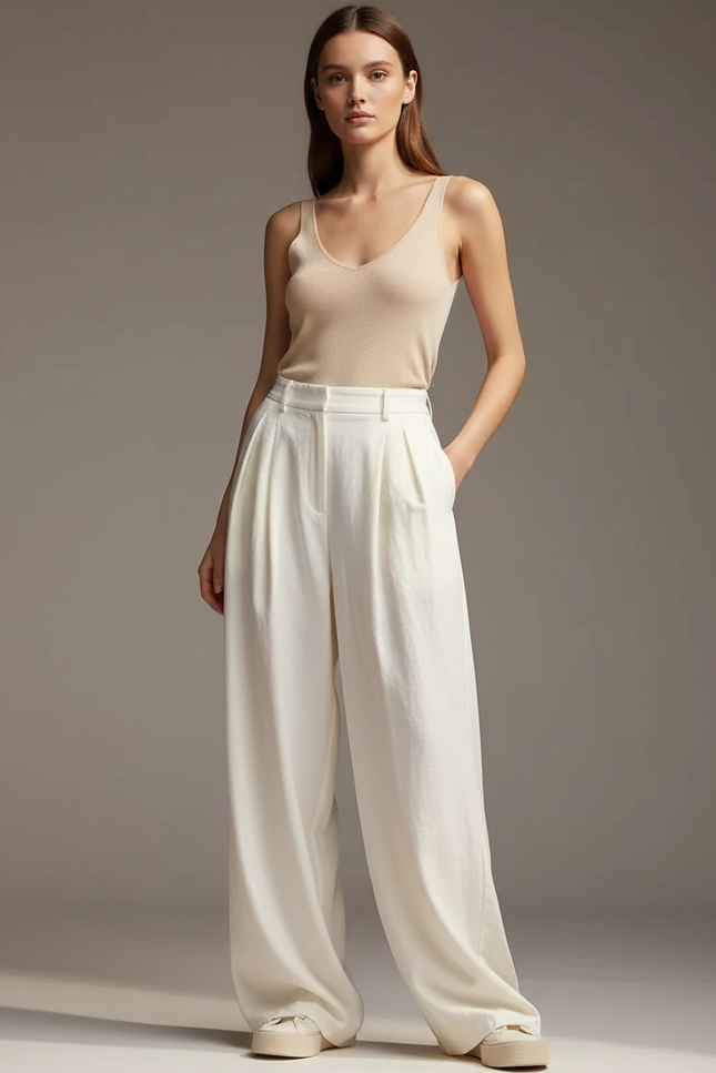 Pantalon Fluide Femme Blanc Palazzo Viscose Chic - Lin