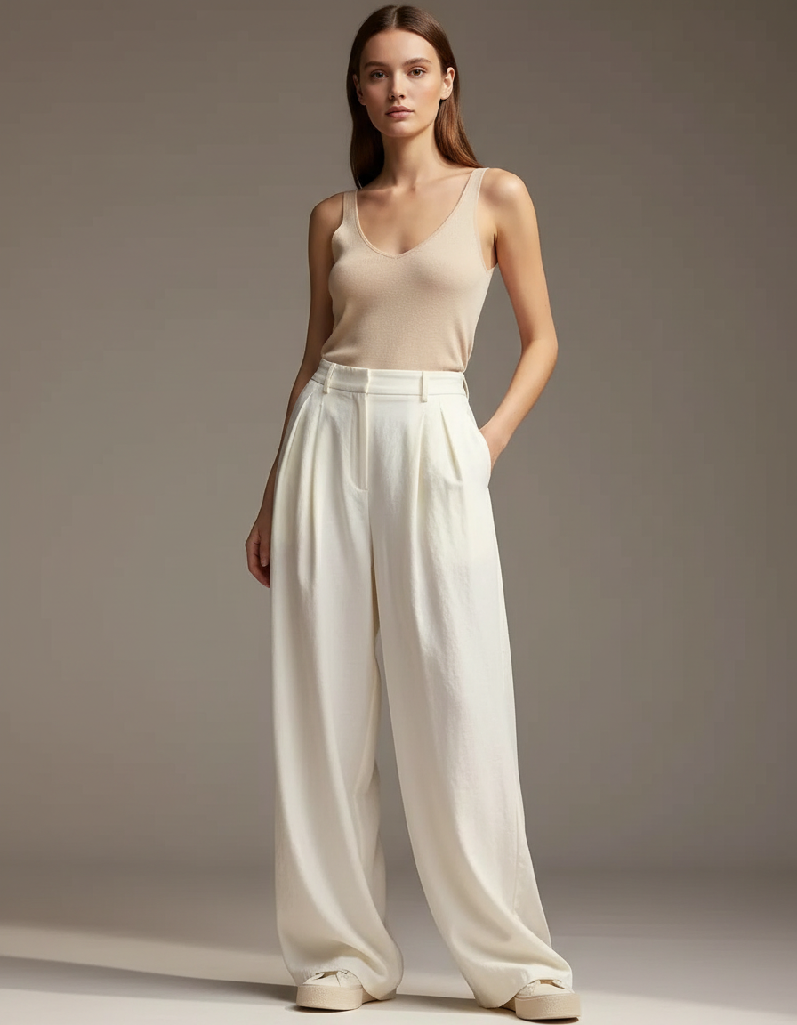 Pantalon Fluide Femme Blanc Palazzo Viscose Chic - Lin