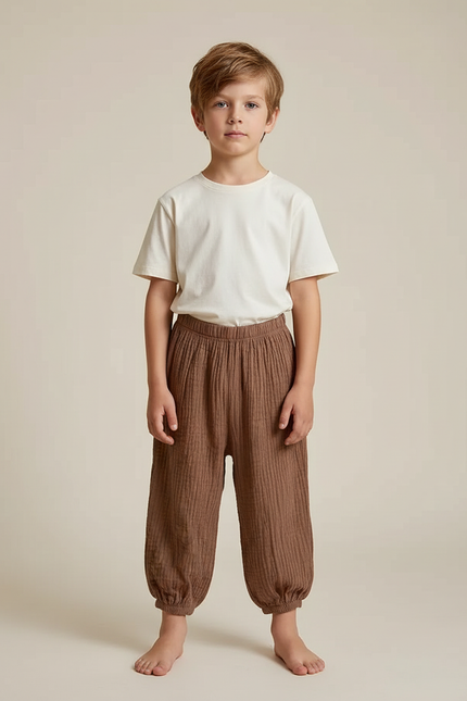 Pantalon Fluide Marron Coton Gaufré Ample Enfant