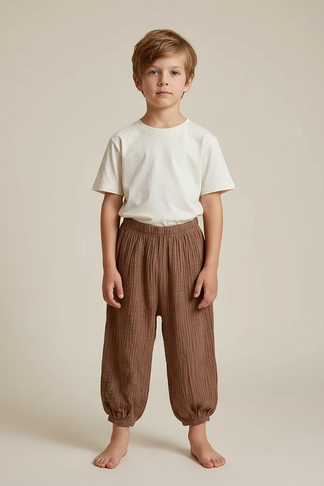 Pantalon Fluide Marron Coton Gaufré Ample Enfant