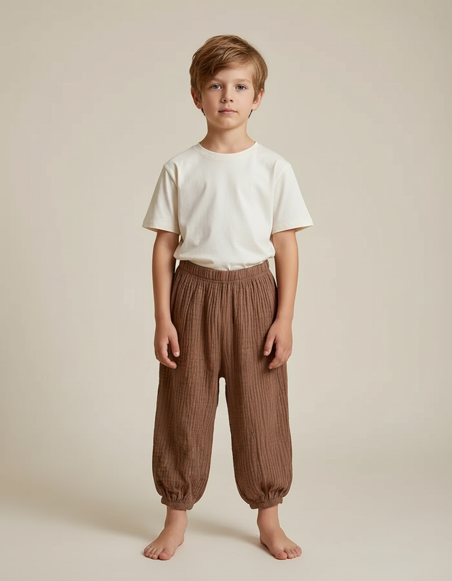 Pantalon Fluide Marron Coton Gaufré Ample Enfant