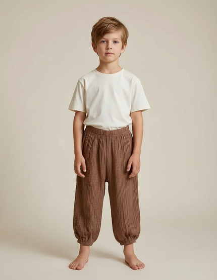 Pantalon Fluide Marron Coton Gaufré Ample Enfant