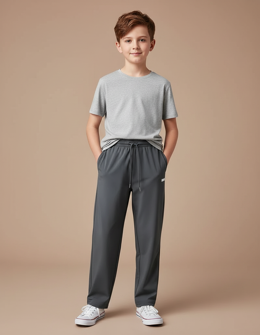 Pantalon Fluide Gris Ample Cordon Sport Garçon - Polyester