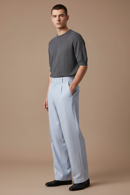 Pantalon Fluide Bleu Ciel Rayé Ample Décontracté Homme - Lin