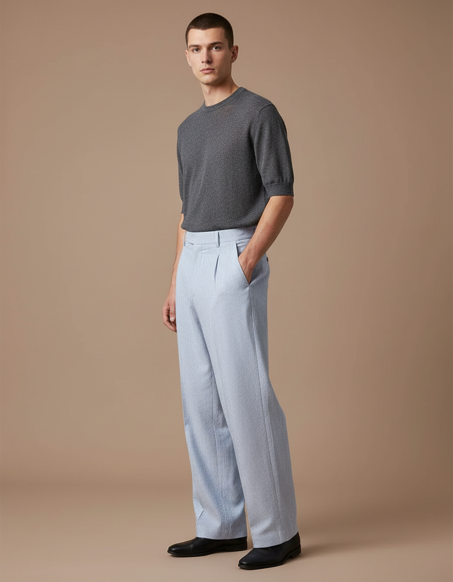 Pantalon Fluide Bleu Ciel Rayé Ample Décontracté Homme - Lin