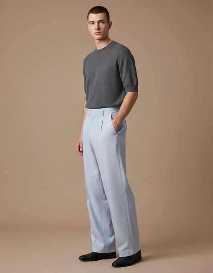 Pantalon Fluide Bleu Ciel Rayé Ample Décontracté Homme - Lin