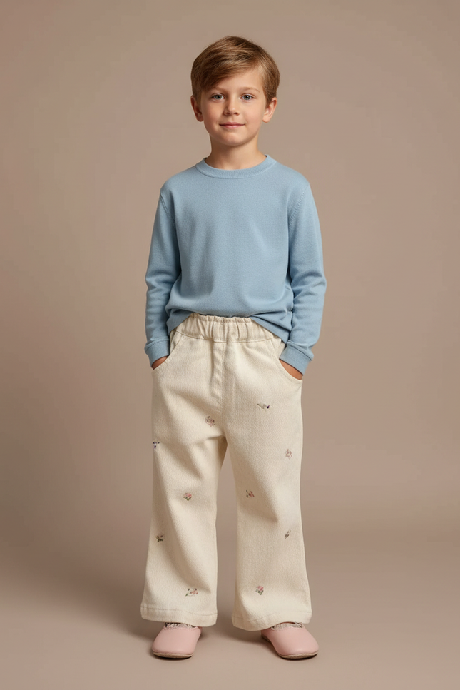 Pantalon Fluide Écru Broderies Florales Ample Enfant - Beige Toile