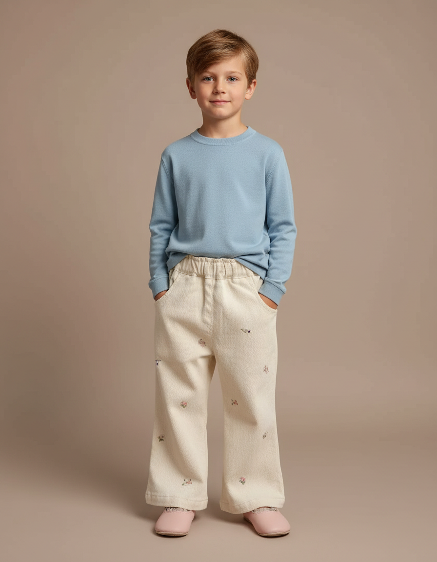 Pantalon Fluide Écru Broderies Florales Ample Enfant - Beige Toile