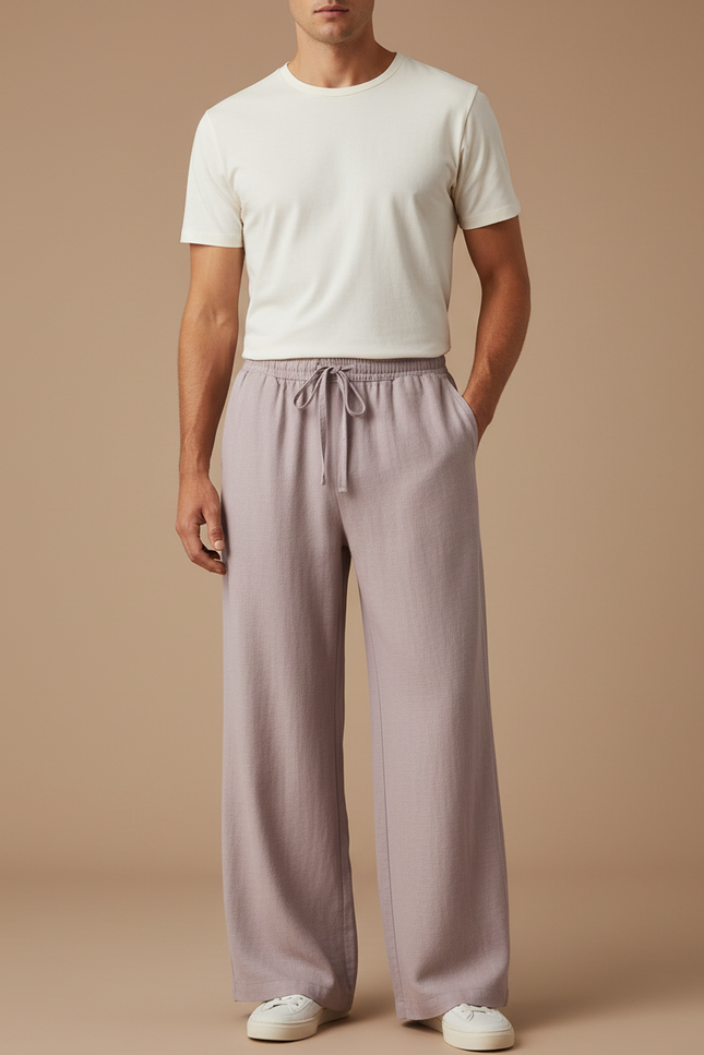 Pantalon Fluide Homme Ample Cordon Décontracté Lin - Violet