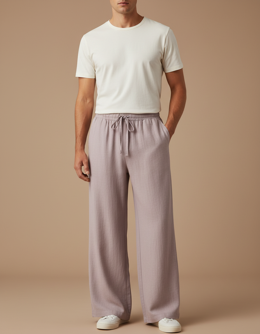 Pantalon Fluide Homme Ample Cordon Décontracté Lin - Violet