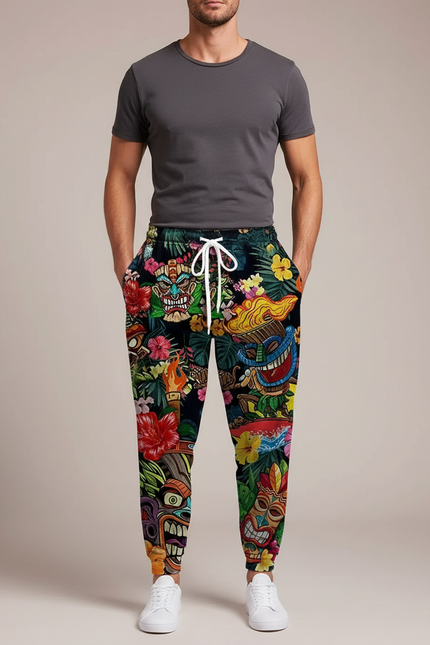 Pantalon Fluide Noir Imprimé Tiki Floral Homme - Multicolore Molleton