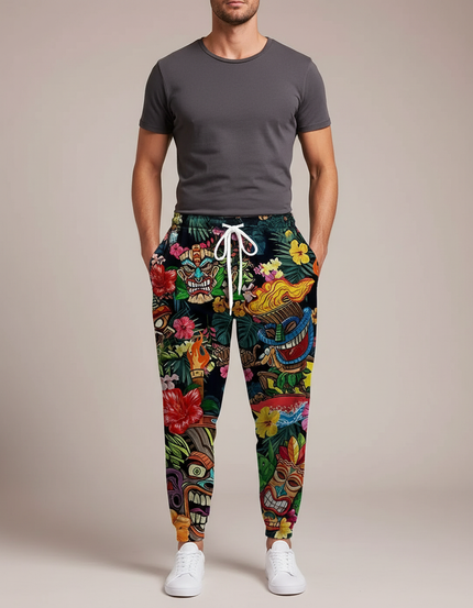 Pantalon Fluide Noir Imprimé Tiki Floral Homme - Multicolore Molleton